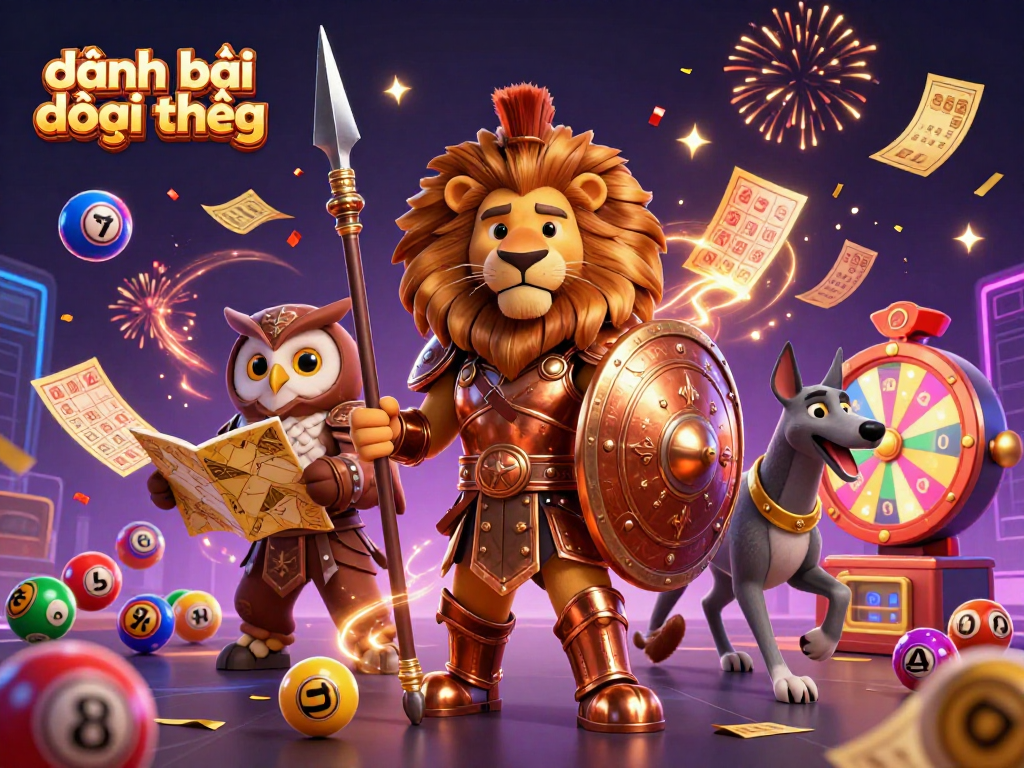 Engage in đánh bài đổi thưởng with a vibrant 3D illustration showcasing casino elements and characters.