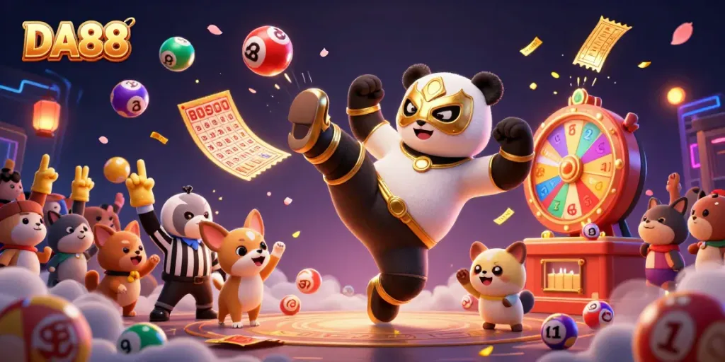 Experience thrilling gaming action at DA88 with a vibrant scene of colorful lottery elements and lively characters.