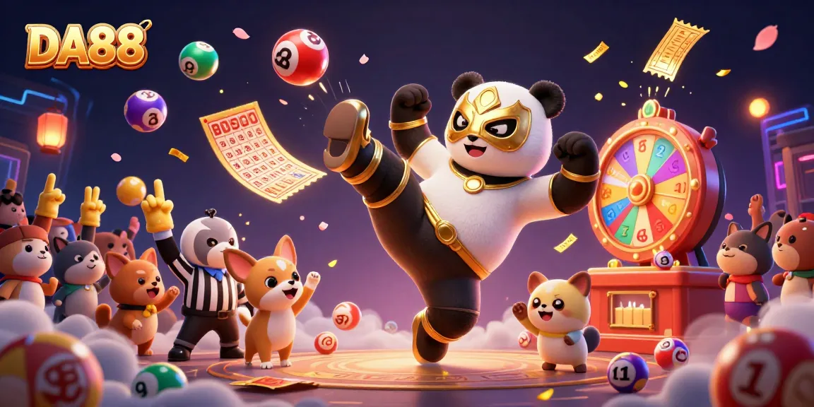Experience thrilling gaming action at DA88 with a vibrant scene of colorful lottery elements and lively characters.