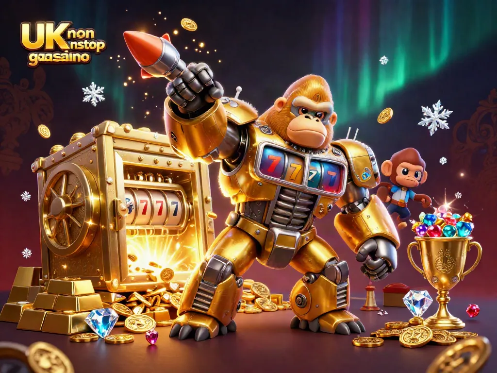 Engaging illustration for UK non gamstop casino featuring a dynamic golden gorilla mech among treasures and casino elements.