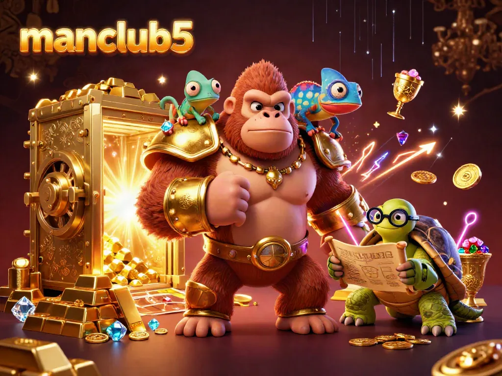Experience the thrill of manclub5 with a powerful gorilla king and treasures in a vibrant casino scene.