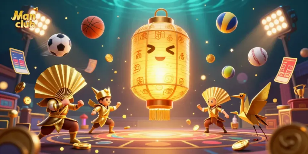 Experience the thrills of Man club in this dynamic casino scene with golden lanterns and vibrant sports elements.