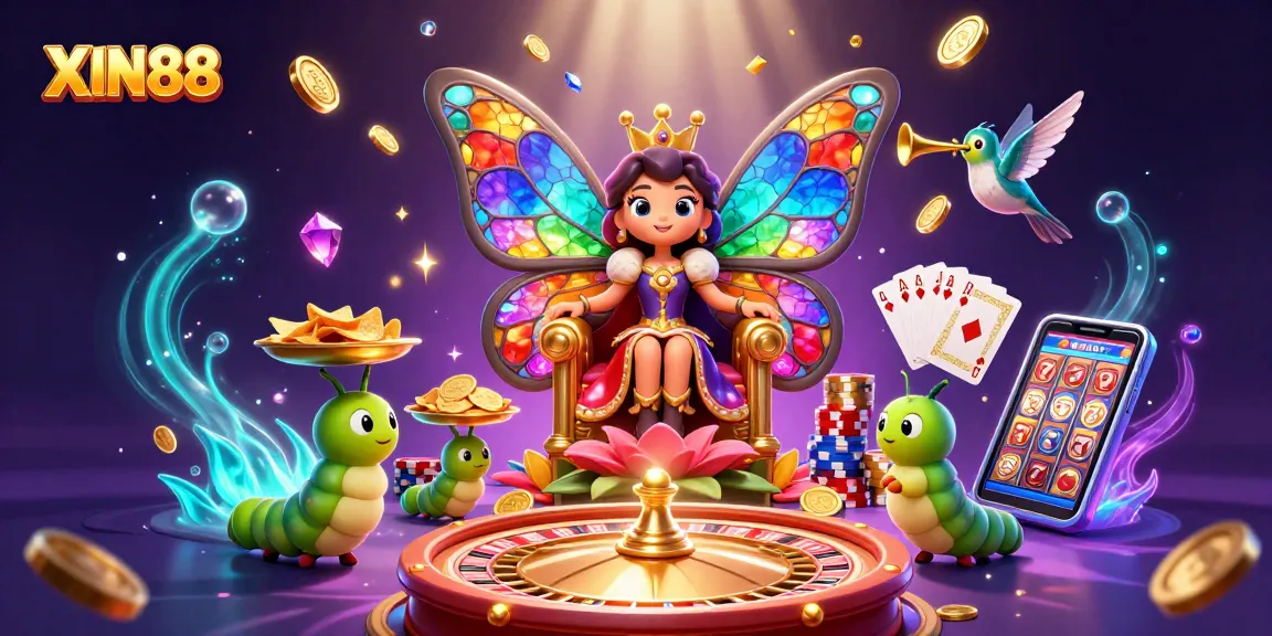 XIN88 elevates gaming excitement with vibrant characters amid dazzling coins and casino elements.