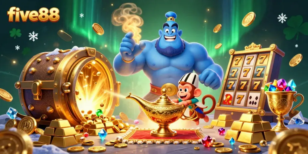 Experience the magic of five88 with a vibrant 3D casino scene featuring winning poker chips and treasures.