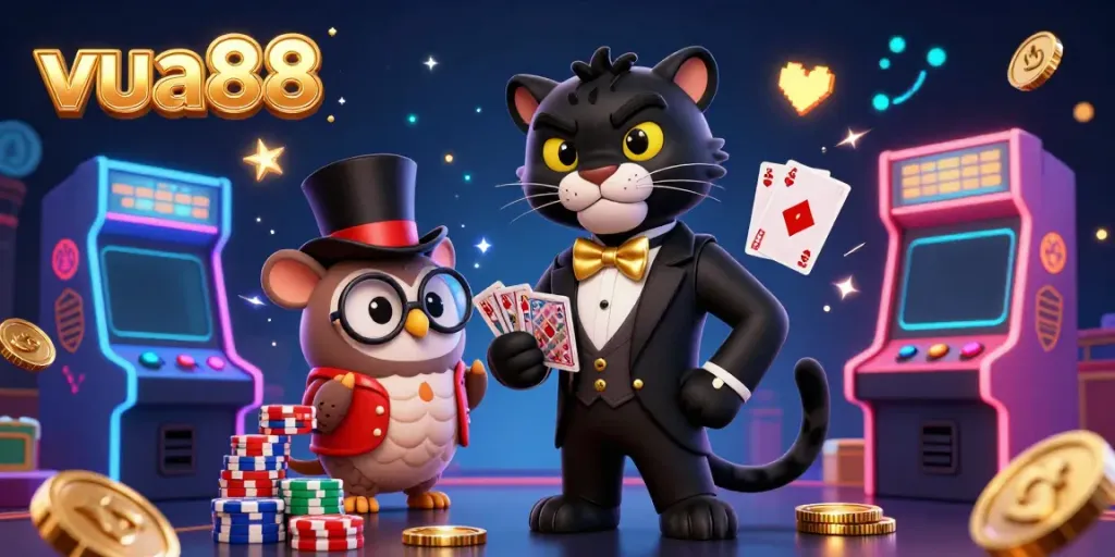 Engaging scene of the stylish panther, owl, and lucky mouse capturing the essence of fun gaming at vua88 casino.