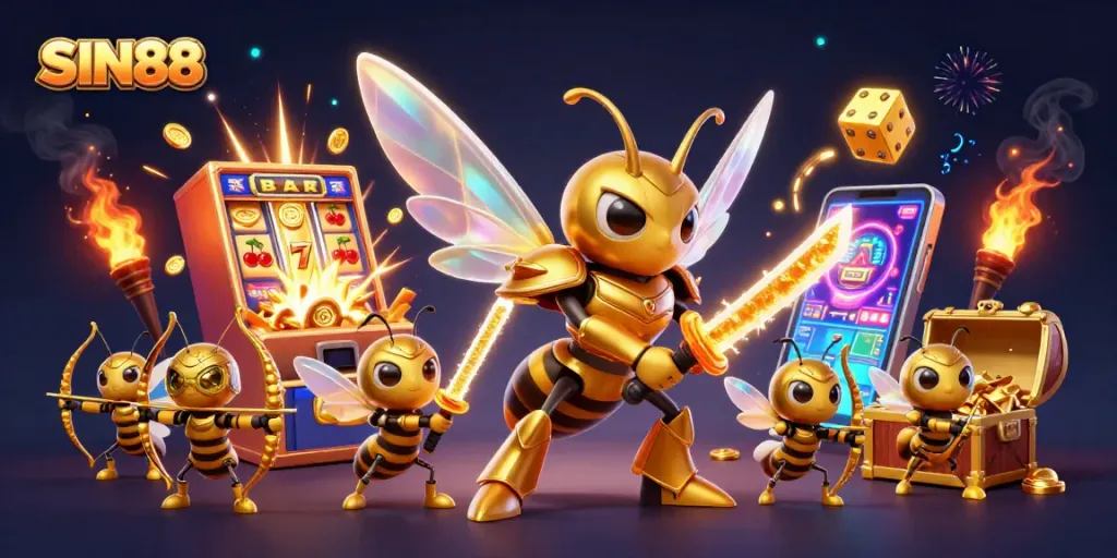 SIN88 showcases an energetic slot machine explosion with vibrant characters celebrating winnings in a grand casino scene.