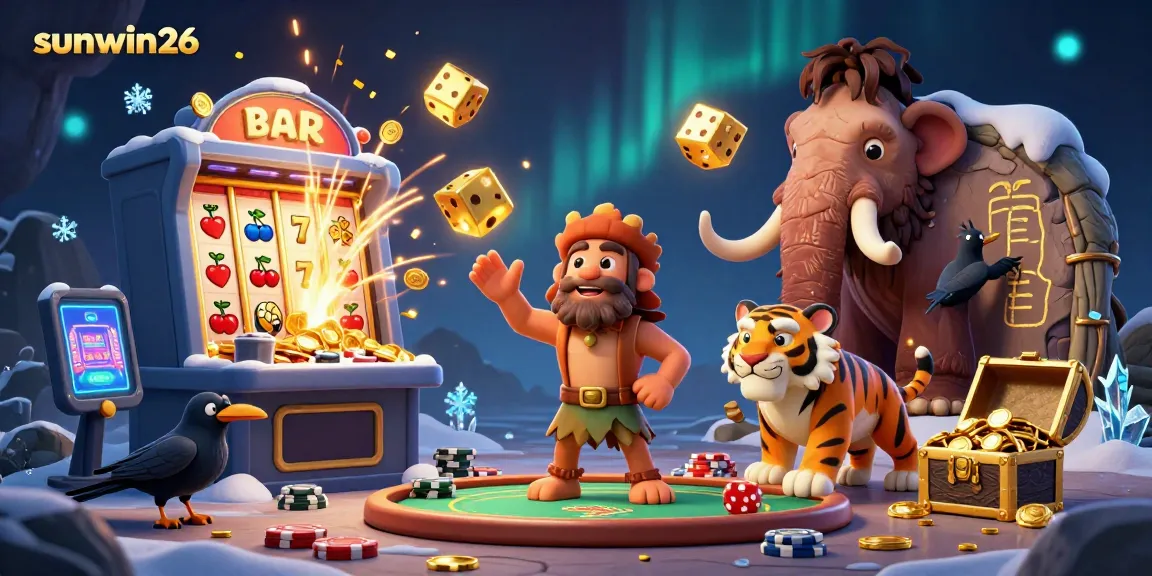 Engage with excitement at sunwin26's prehistoric casino, featuring a dynamic duo amidst rich gaming elements.
