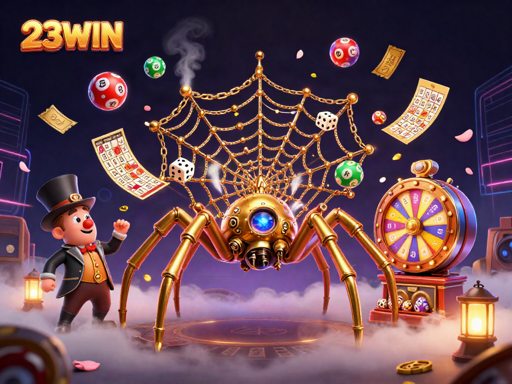 Win big with 23WIN as a steampunk spider catches dice, surrounded by colorful gaming elements.