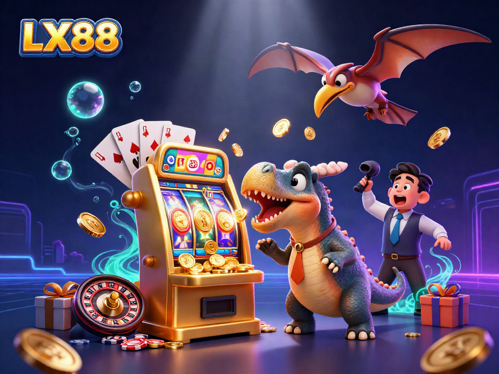 LX88 slot machine jackpot celebration with vibrant casino elements and dynamic characters