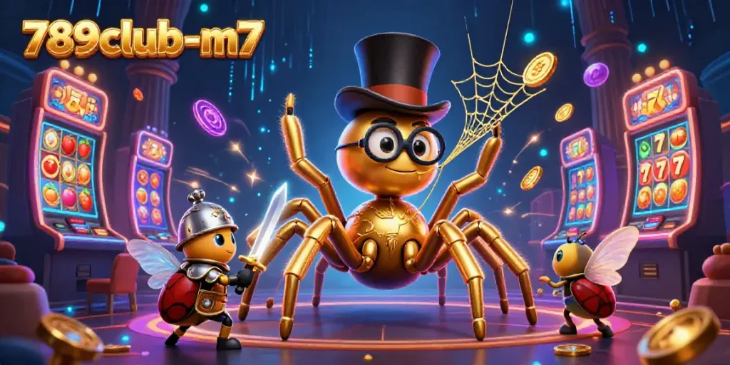 Experience the vibrant gameplay of 789club-m7 with golden tarantula and beetle knight amidst dynamic casino elements.