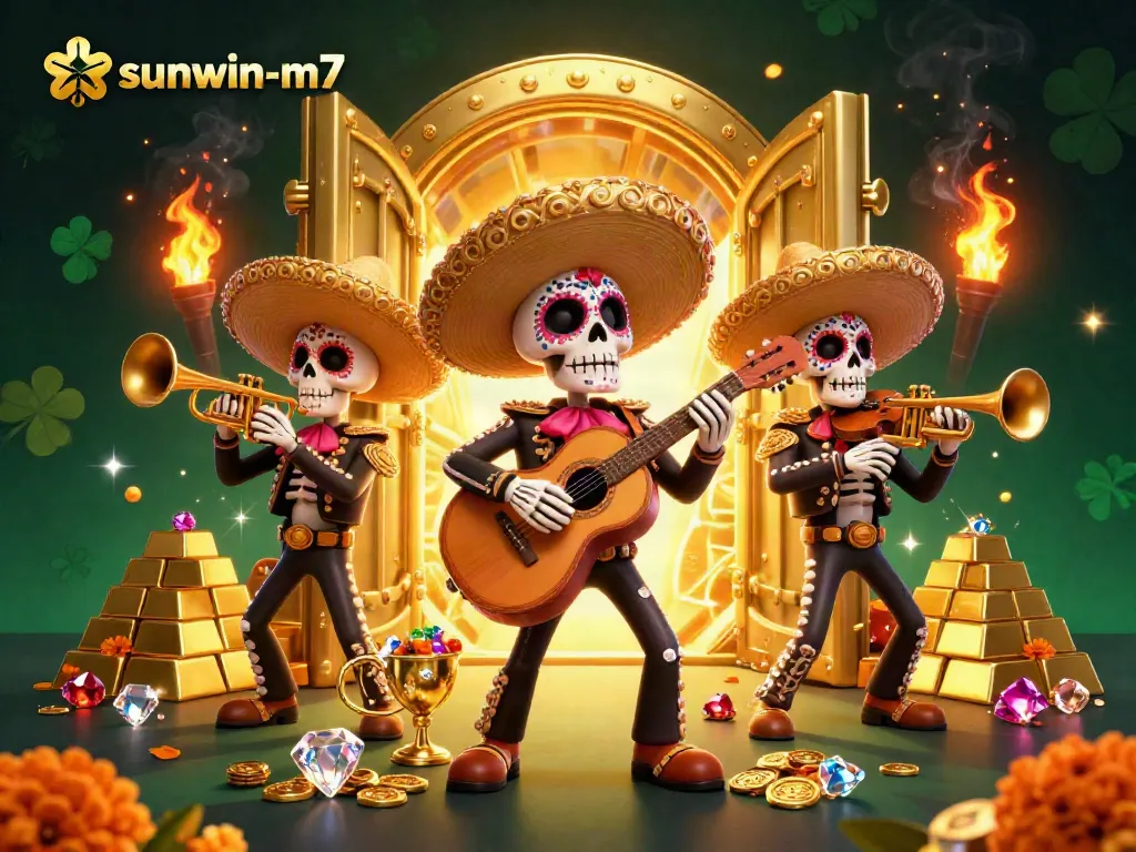 Experience winning moments at sunwin-m7 with vibrant Dia de los Muertos characters amidst treasures.
