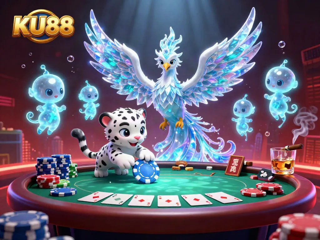 Spin the reels with KU88, featuring an ice phoenix, sparkling poker chips, and casino thrills.
