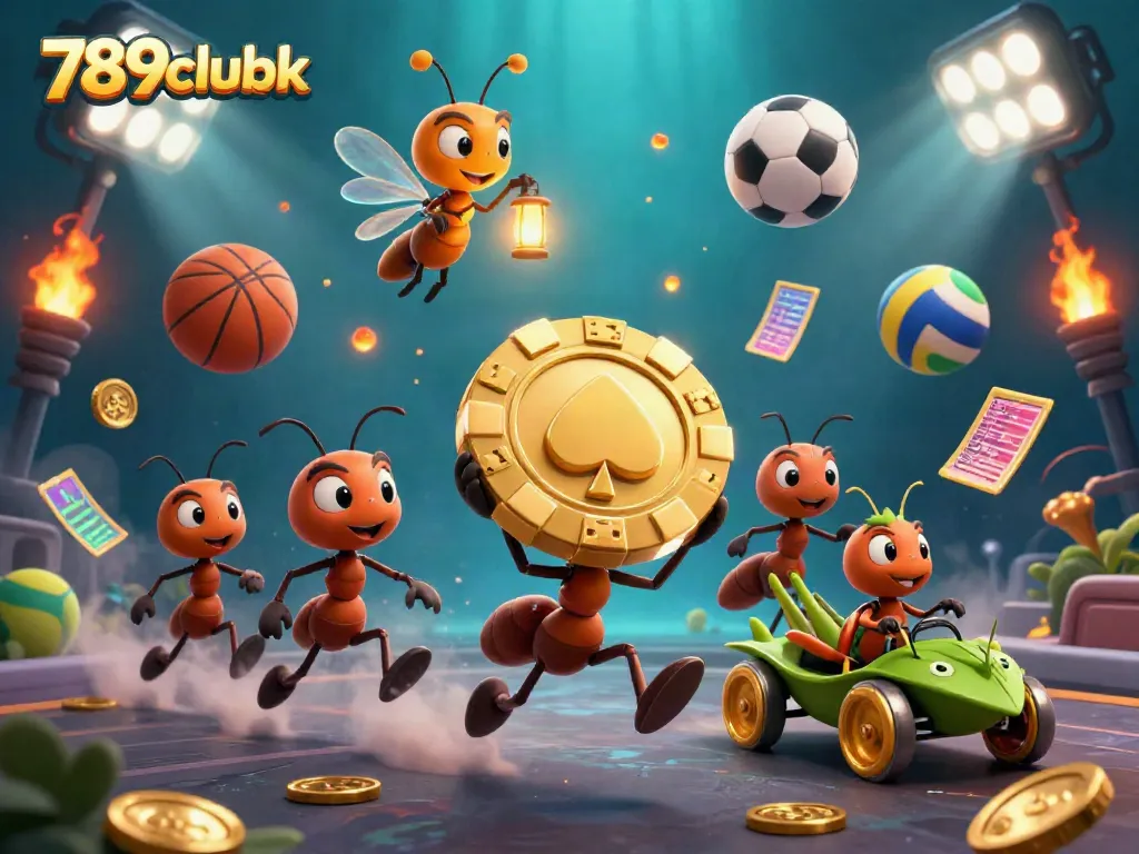 Experience the thrill of 789clubk's thrilling heist with ants carrying a massive poker chip amid dynamic sports elements.