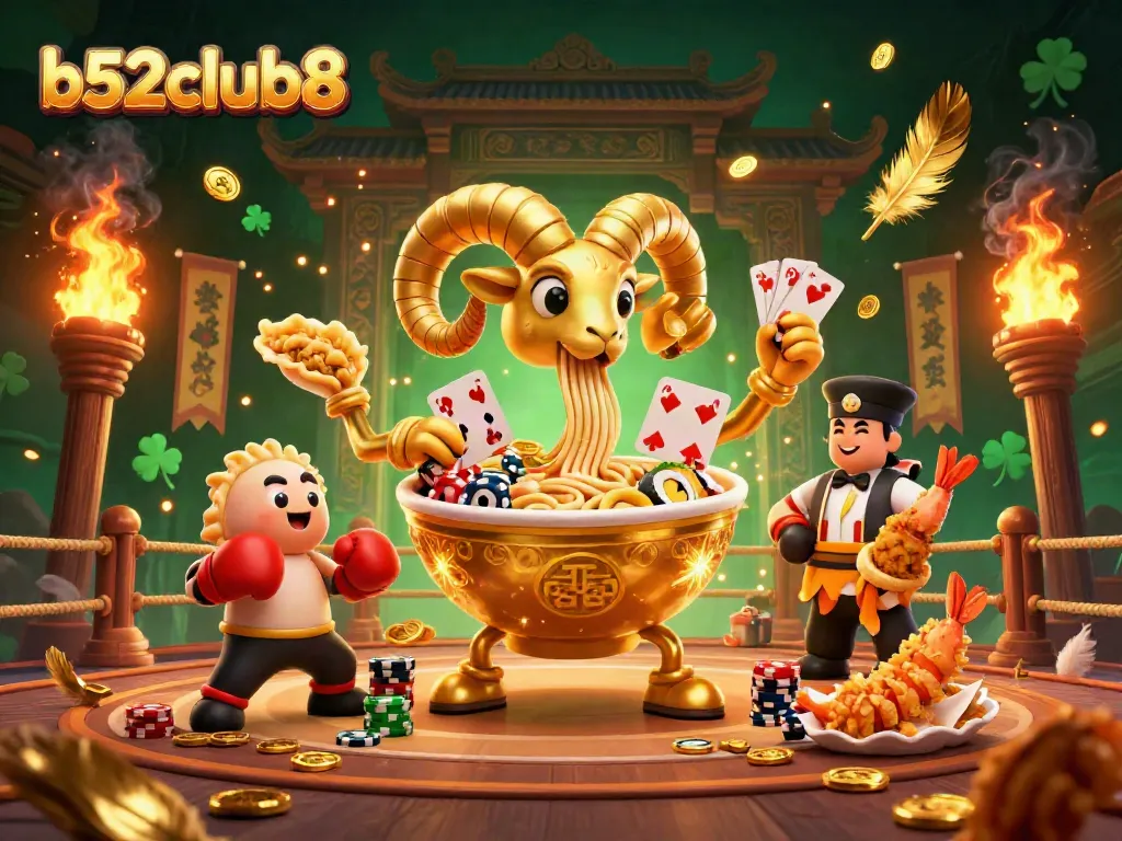 Engage with b52club8 as a giant ramen bowl deals cards in a vibrant casino scene.