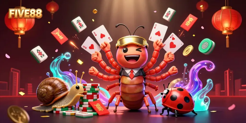 Engage in thrilling gameplay with FIVE88, featuring a dynamic dealer and colorful casino elements.