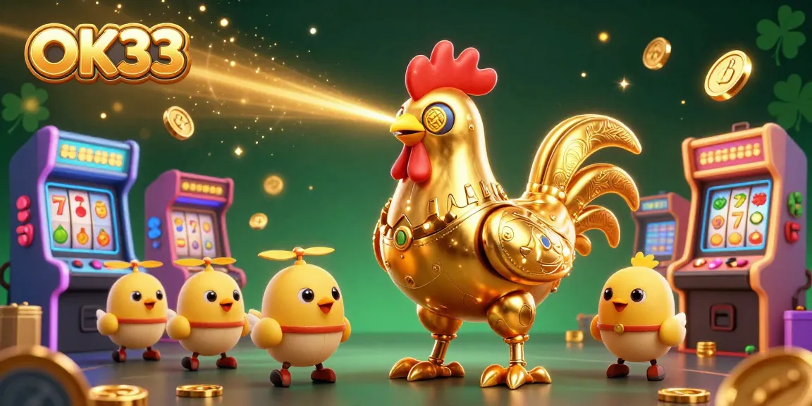 Engage with OK33's vibrant gaming experience featuring golden robot and baby chick drones surrounded by lively casino elements.