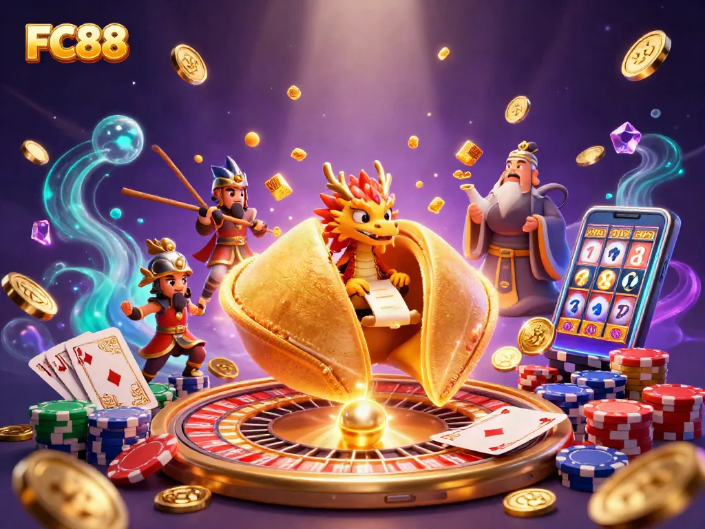 Experience thrilling FC88 casino excitement with dynamic 3D scenes featuring golden fortune cookies and vibrant gambling elements.