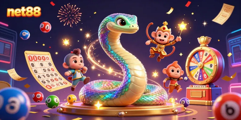 Experience the excitement of net88 with a vibrant display of colorful casino-themed elements and characters.