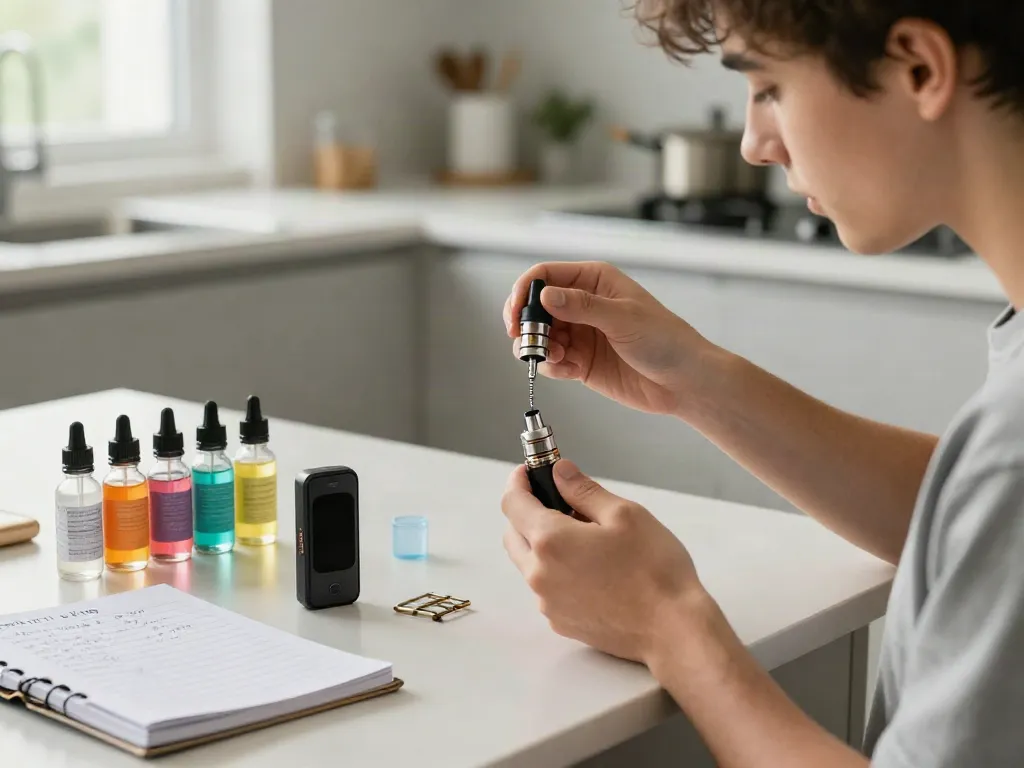 A young adult demonstrating how to prime a vape coil in a modern kitchen, focusing on the e-liquid application process.