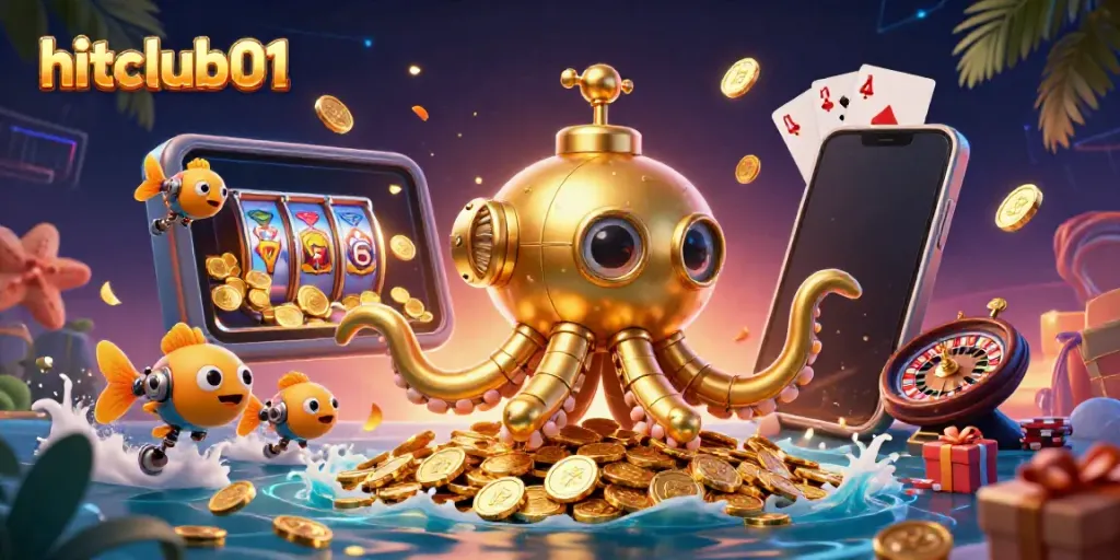 Hitclub01 showcases an exciting slot game with golden coins erupting from a smartphone in a vibrant underwater casino scene.