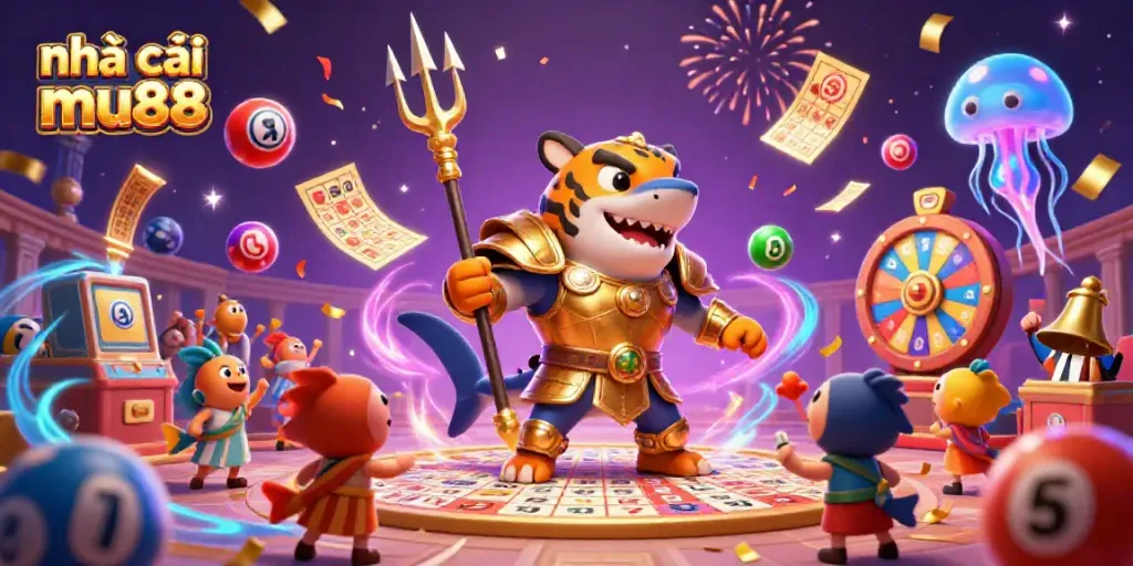 Experience the thrill of nhà cái mu88 with dynamic betting elements, a shark gladiator, and vibrant lottery balls.