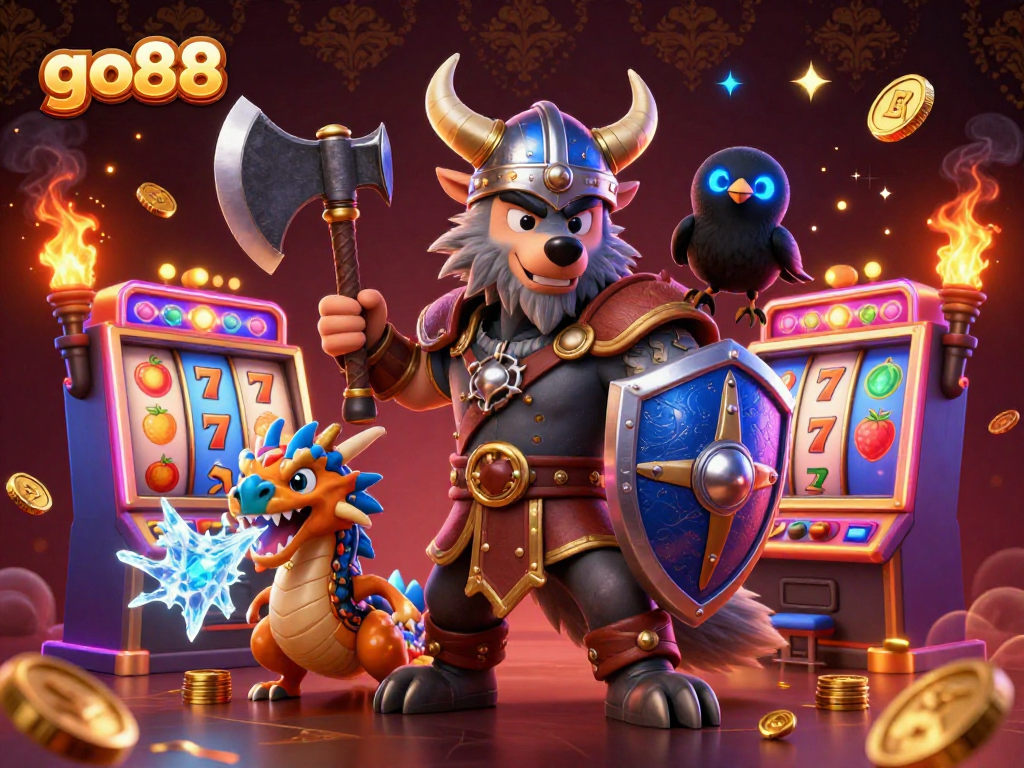 Engage with the vibrant go88 casino scene featuring a Viking wolf hero and a fiery dragon amidst slot machines.